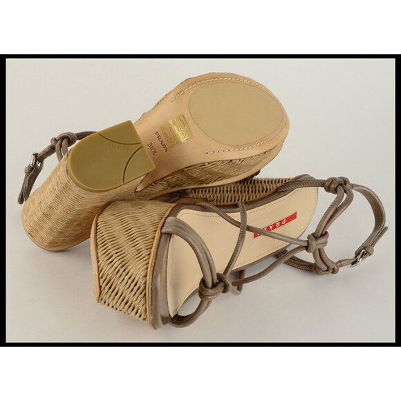 PRADA SHOES KNOTTED LEATHER WICKER WEDGE PLATFORM SANDALS sz 40 / 10 - Picture 11 of 13